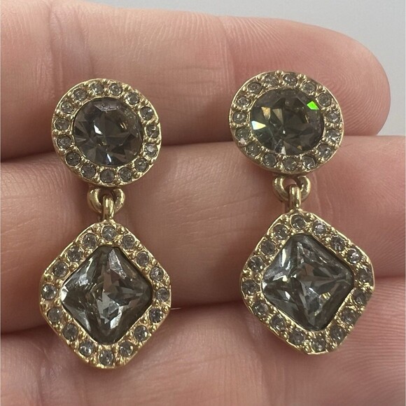 Kate Spade Earrings 14K Gold Plated Dangle Pierced Rhinestone Square Sparkle - Picture 1 of 9